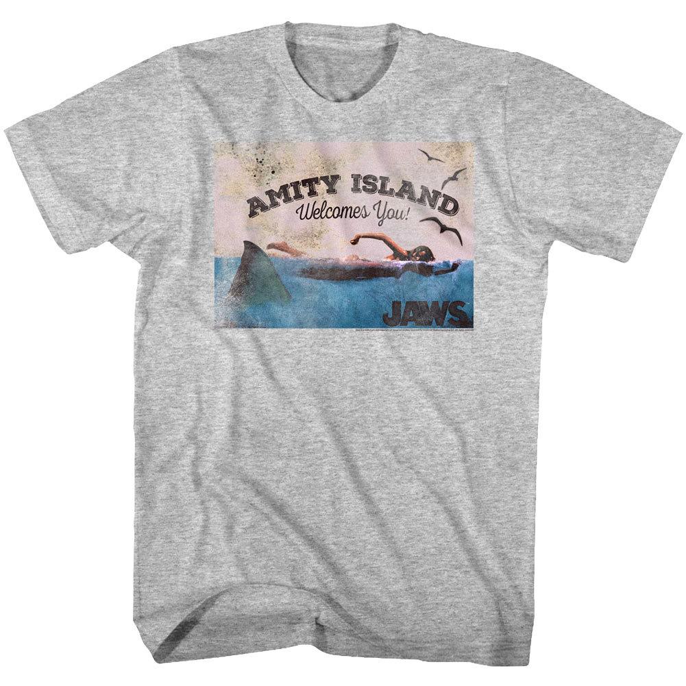 Jaws Amity Island Surf Shop 1975 Men T Shirt Vintage Postcard Ocean Attack Top XL