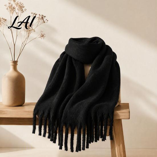 Oversized Cozy Winter Scarf Thickened Imitation Rabbit Velvet with Tassels for Women Solid Color Stylish Long Draped Neck Wrap Warm Shawl,
