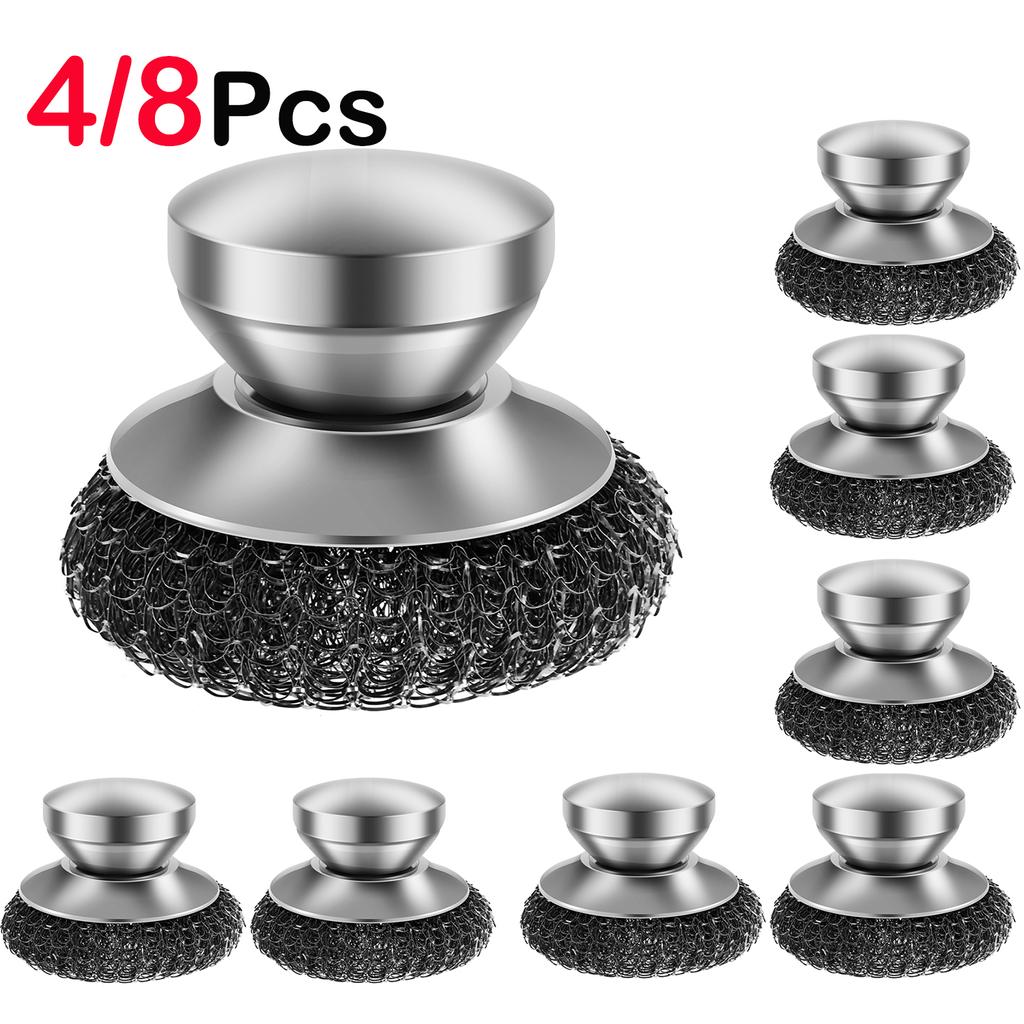 4/8Pcs Kitchen Stainless Steel Washing Brush Metal Sponge Scrubber with Handle for Dishes Pots Pans Grills Sink Cleaning Tools