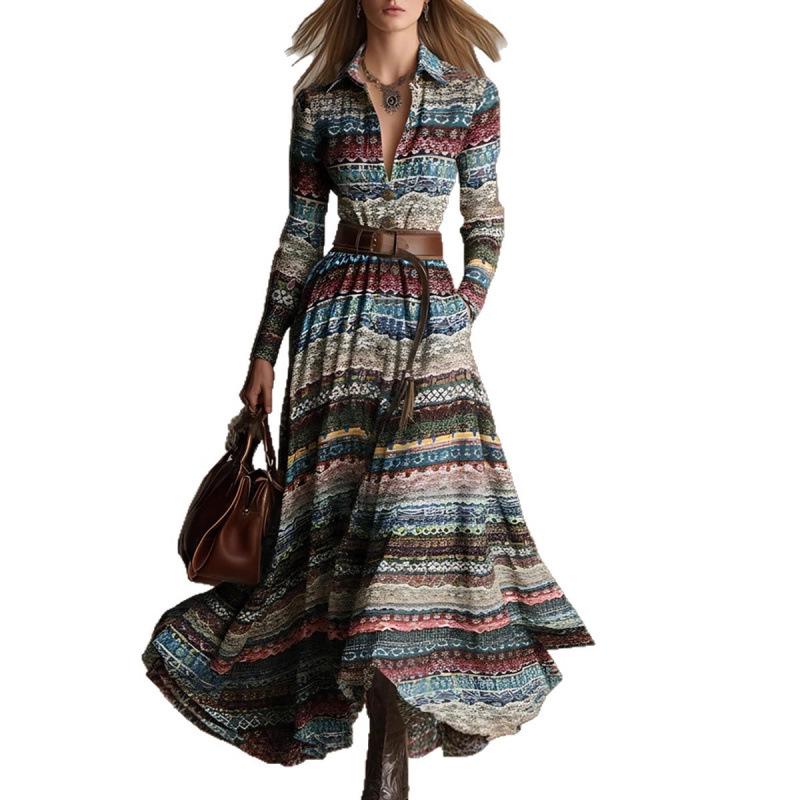 TEMU 2025 Autumn/Winter Elegant Tribal Print Long-Sleeve Dress for Women