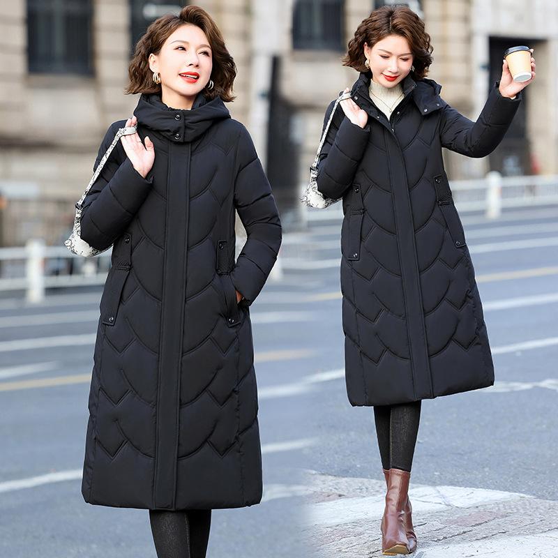 Medium and long over-knee down cotton-padded jacket for women's winter new mother foreign-style hooded thickened warm cotton-padded jacket