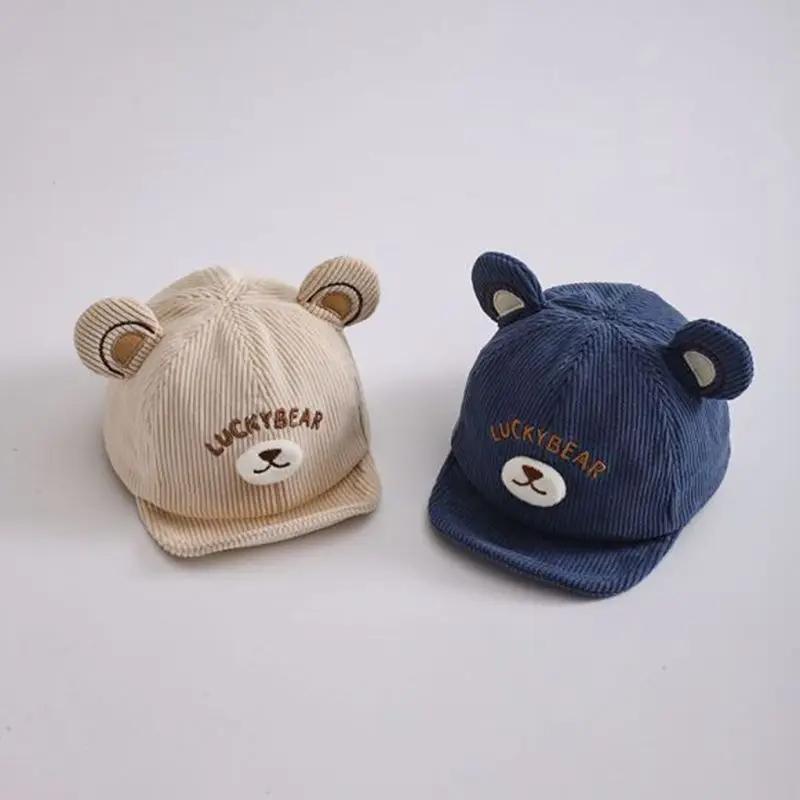 Spring Autumn Corduroy Baby Cap Cartoon Bear Infant Toddler Baseball Cap With Ears Soft Brim Boys Girls Duck Tongue Hat