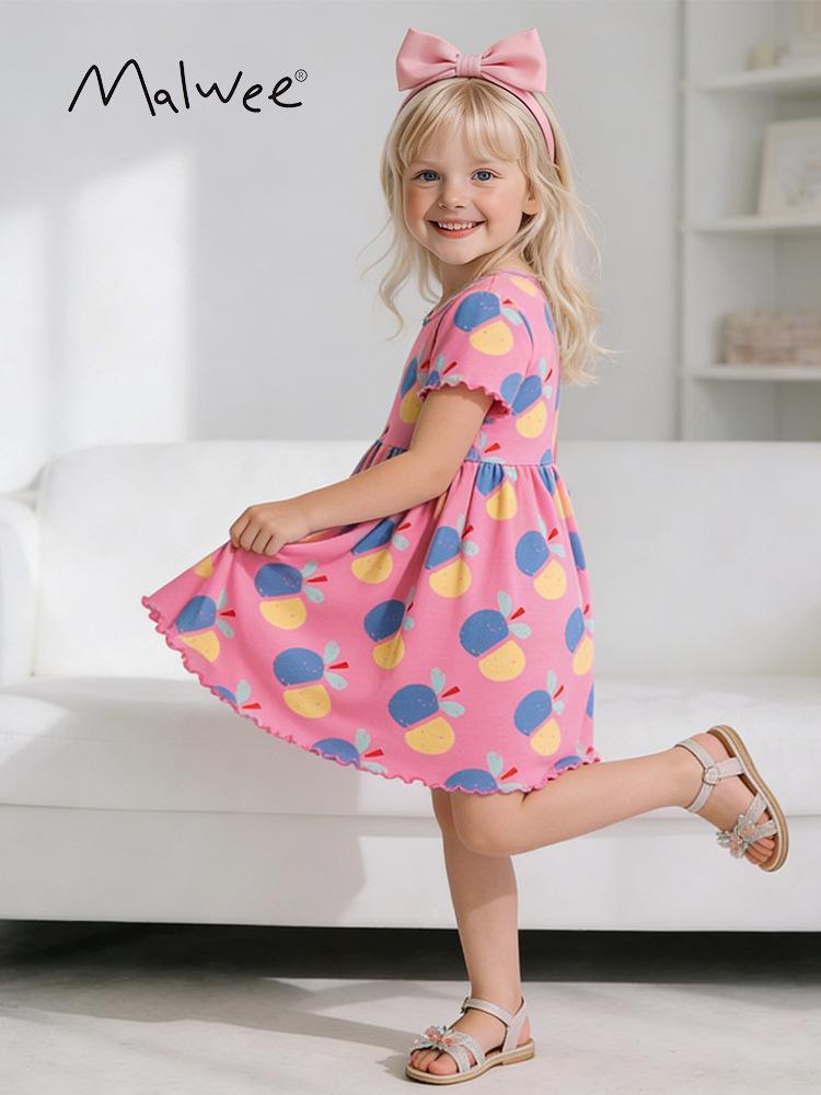 Malwee Girls' Summer Princess Dress - Stylish Printed Round Neck Short Sleeve for Kids