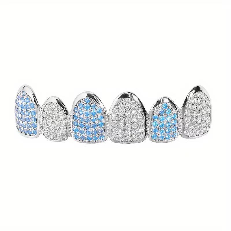 Blue & White Zircon Hip Hop Grillz for Halloween Costume - Micro-inlaid Zircon Tooth Jewelry