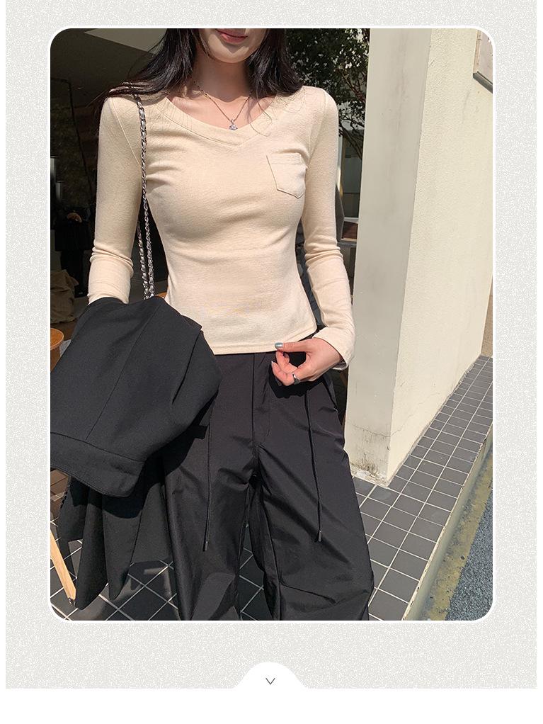 Korean Style Pink V-Neck Slimming Cropped Long Sleeve Women's Top - Autumn/Winter Collection