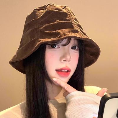No Makeup Retro Bucket Face Corduroy Hat Fisherman Hat Women's Japanese Style Beautiful Pleated Rad Small Basin Hat Big Head Circumference