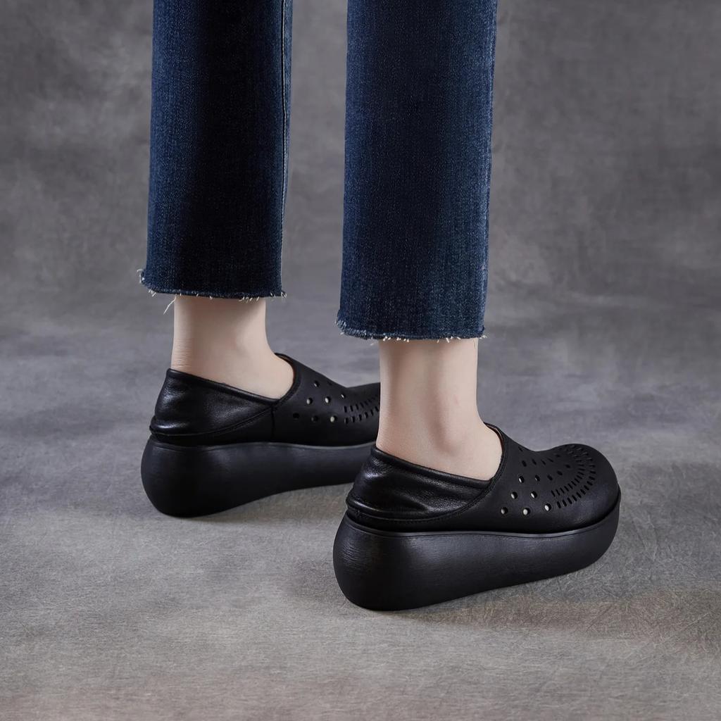 Johnature Echtes Leder Ausgeschnittene Keilsandalen mit dicker Sohle Bequeme und atmungsaktive Damen-Schlupfschuhe