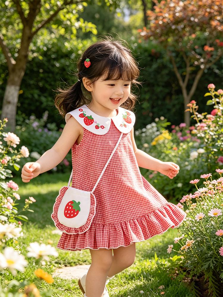 Fashion Summer 2PCS Toddler Red Strawberry Gingham Sleeveless Ruffle Hem Sundress+Purse Summer for 0-3Y Baby Girl Casual Outfit