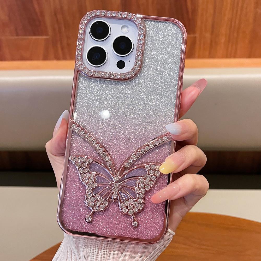 For iPhone 16 Pro Max Rhinestone Butterfly Cover For iPhone 11 12 13 14 15 Plus Gradient Color Flash Electroplated Luxury Shell