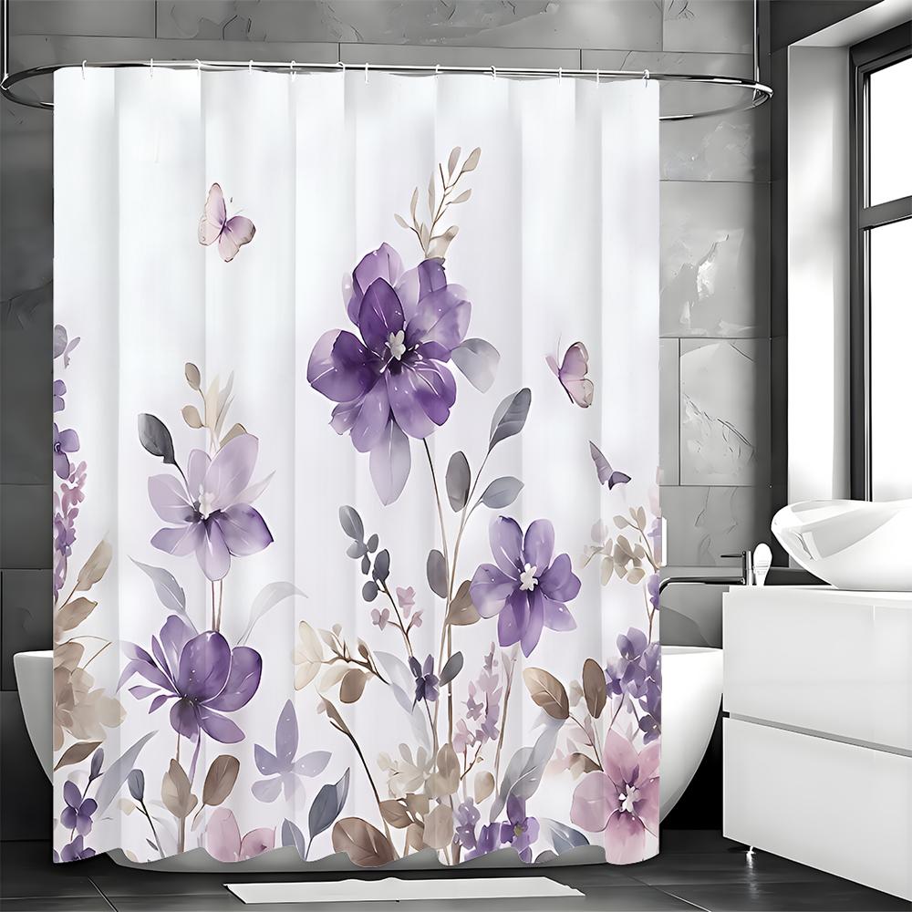 Purple Crushed Shower Curtain, Abstract Watercolor Floral Botanical Butterfly Rustic Farmhouse Bathroom Decorative Shower Curtai
