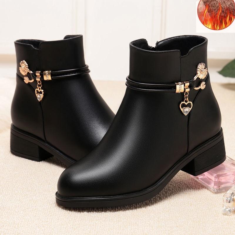 Dames PU-lær chunky hæl flate ankelstøvletter, mamastøvletter med fleecefôr, sklisikre og varme