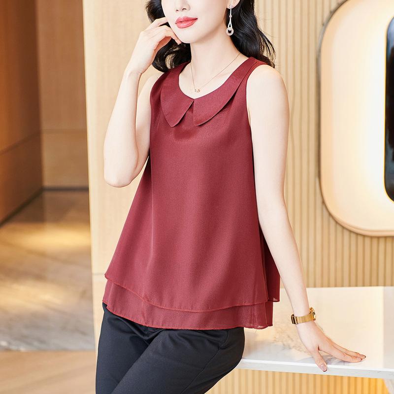 Gray Doll Collar Vest Suspender for Women's Spring New Design Loose Chiffon Belly Sleeveless Top