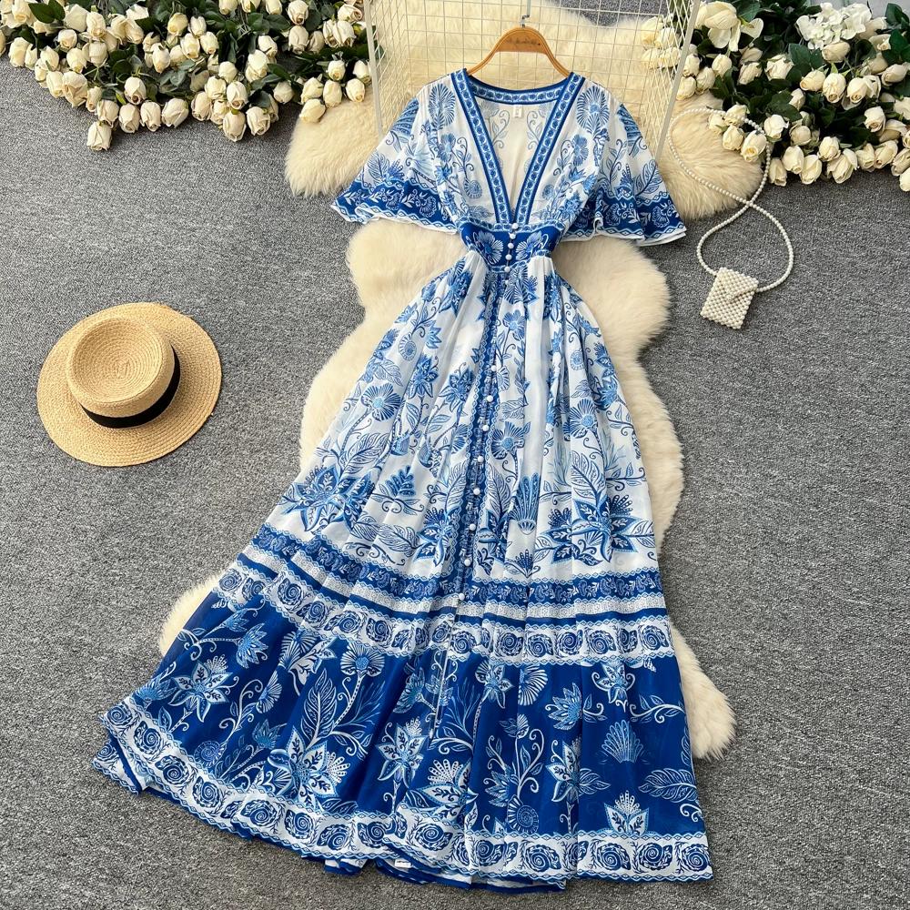 Luksusowa Niebiesko-Biała Porcelanowa Sukienka Maxi Bez Rękawów z Dekoltem V dla Kobiet Elegancka Letnia Sukienka A-Line z Wysokim Stanem Modelująca Sylwetkę