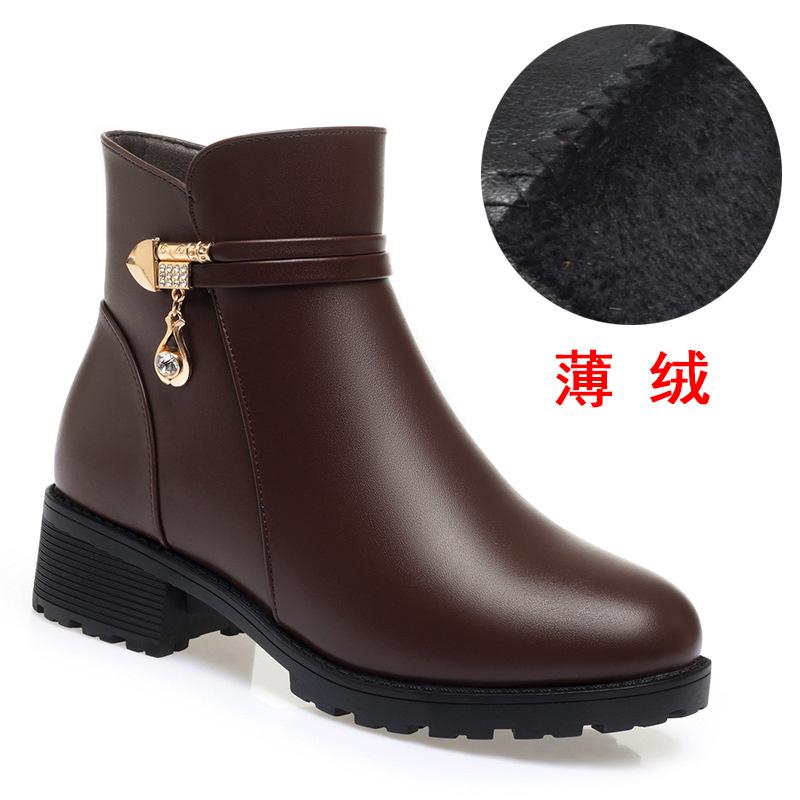Herbst Neue Mode Damen Weiches Leder Stiefelette Hohe Absätze Reißverschluss Schuh Plüsch Samt Warmes Fell Winter Kurze Lederstiefel
