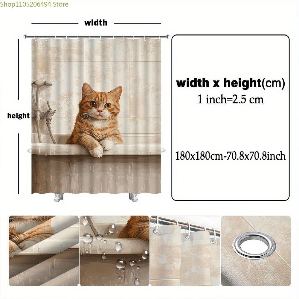 1pc Realistic Orange Tabby Cat Shower Curtain with White Paws Sitting in Vintage Porcelain Showertub Soft Fur Cozy Nostalgic A
