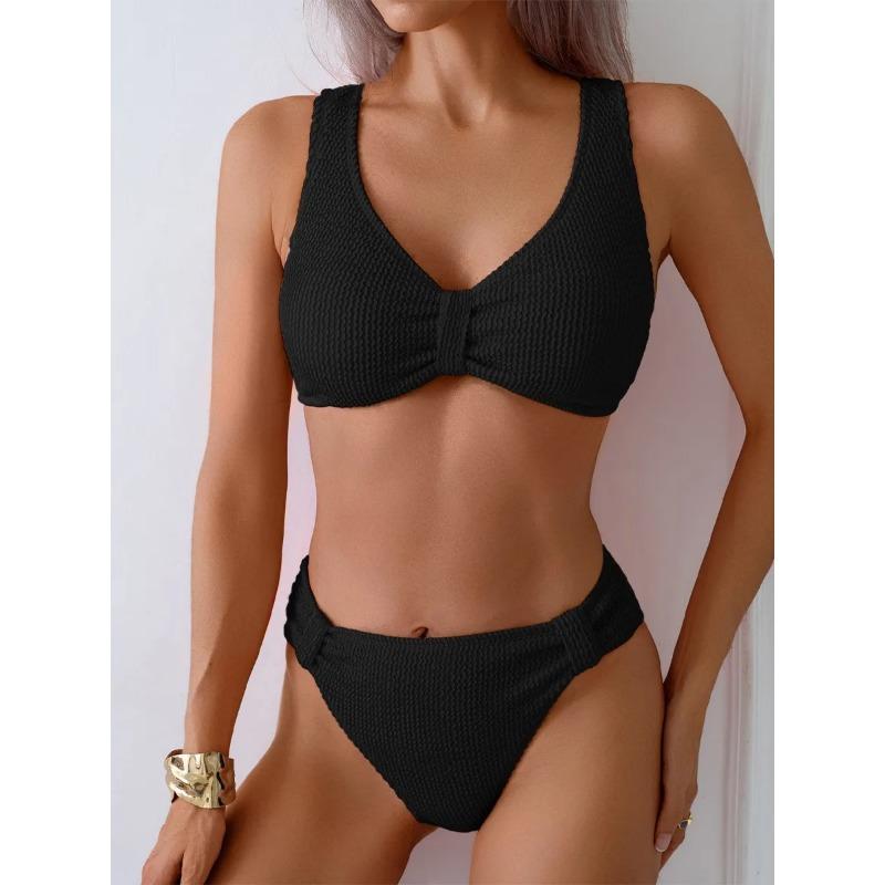 Summer New Women's 2 Piece Swimsuit Solid Color High Waist Bikini Set V-neck Backless Beach Vacation Bathing Suit Swimwear