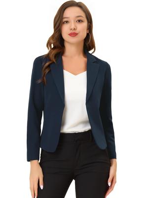 Allegra K Damen Blazer mit Blumendruck, Langarm, Offene Vorderseite, Spitzes Revers, Kurze Länge, Office Casual, Dunkelblau, Größe 3XL