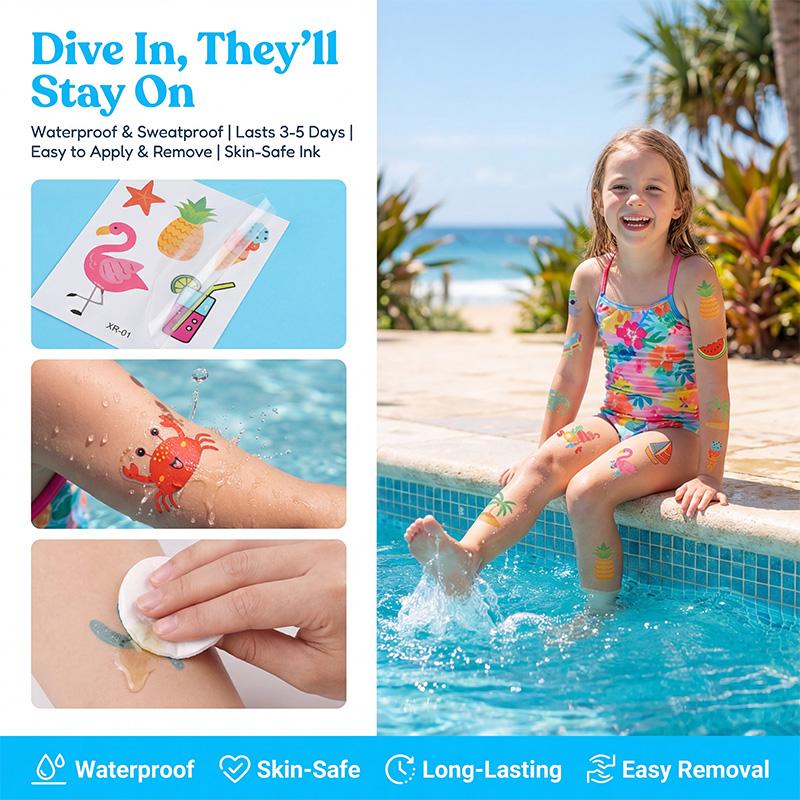 10pcs Hawaiian Summer Party Temporary Tattoo Sticker Waterproof Tropical Flamingo Luau Beach Birthday Party Decoration Kids Gift