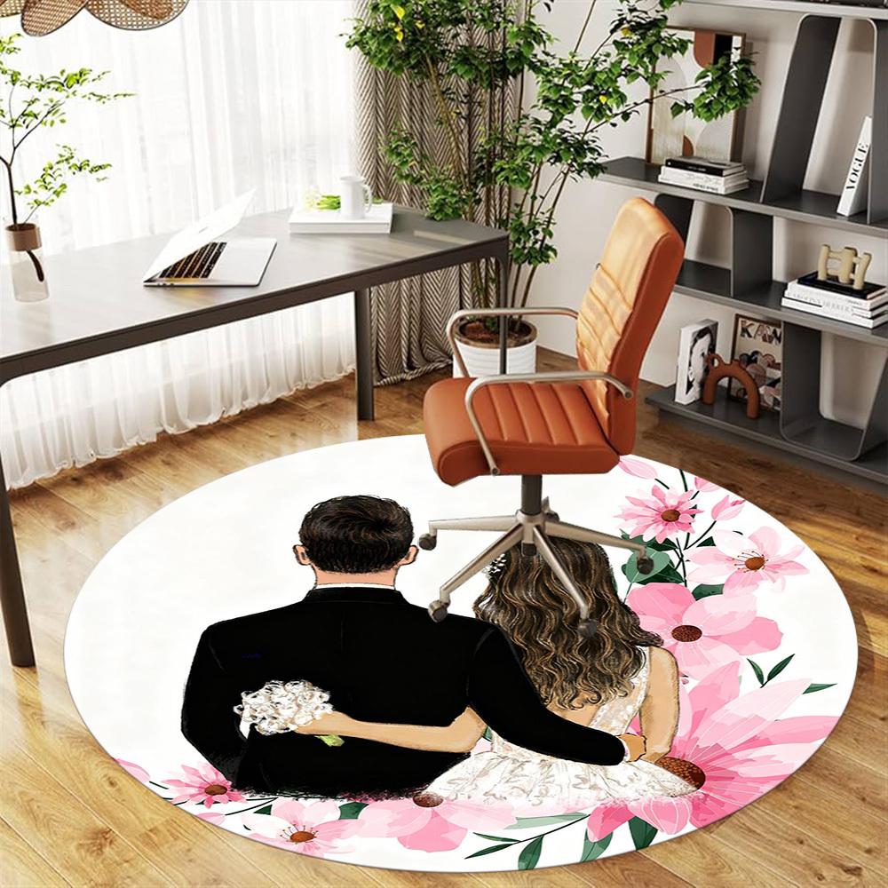 1pc wedding couple Round Chair mat office Area Rug - Non-Slip, Floor Mat for Office, Bedroom, Ideal home decor gift c0112016