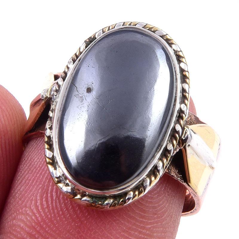 

Natural Gunmetal Gemstone Handmade 925 Sterling Silver Two Tone Ring Size 7 J1s39