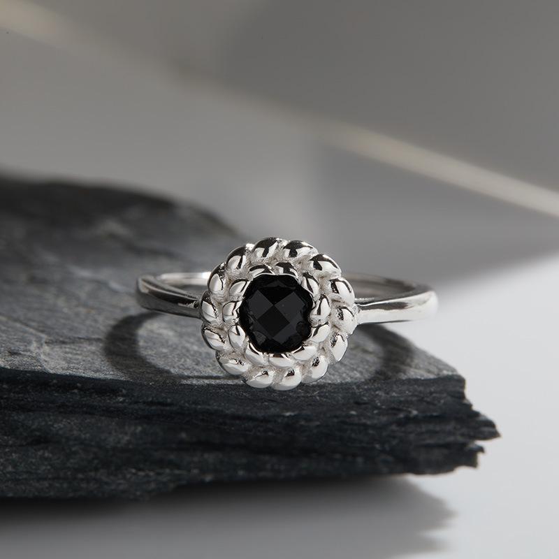 S925 Sterling Silver Natural Black Agate Blue Gold Treasure Ring Female Personality Twist Round Gemstone Xiaohongshu