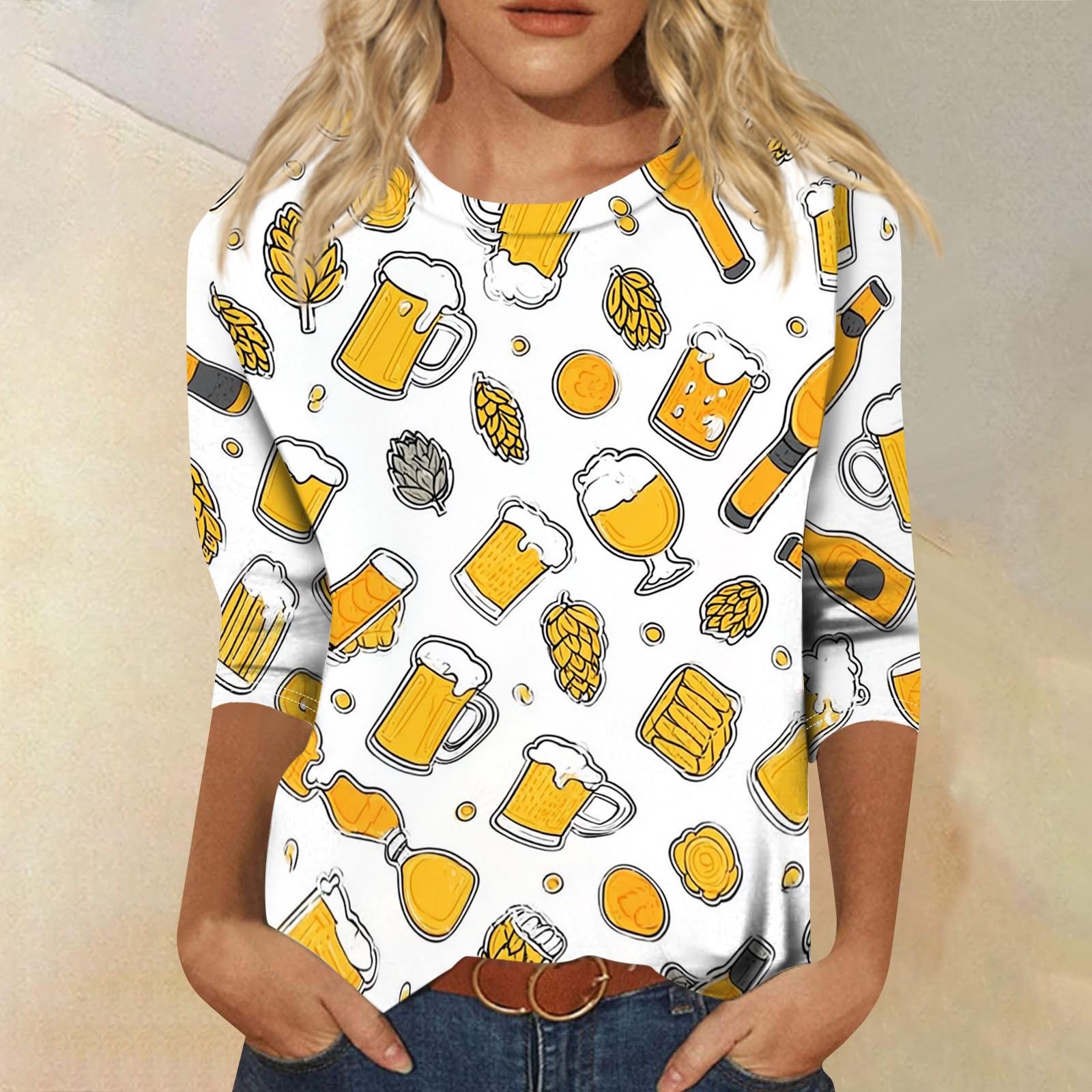 

Womens Casual Crew Neck Three Quarter Sleeve Printed Top Relaxed Fit Soft Lightweight Festival Theme T Shirt Blouse XL белый