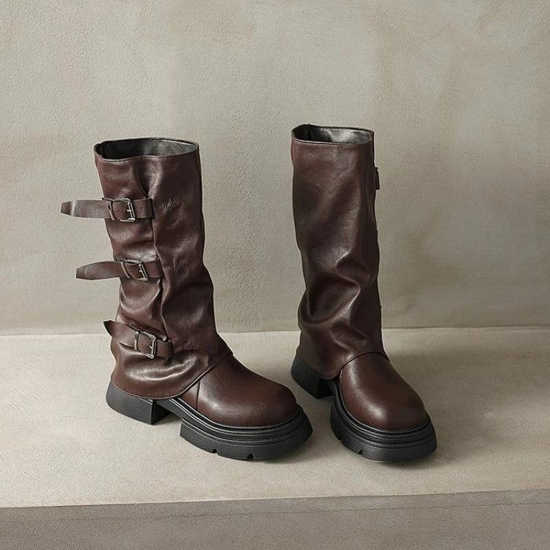 Fashion Leather Platform Mid Calf Shoes Woman Work Trend 2025 Large Size Half High Boots for Women Gyaru Gothic On Offer Waterproof Boot