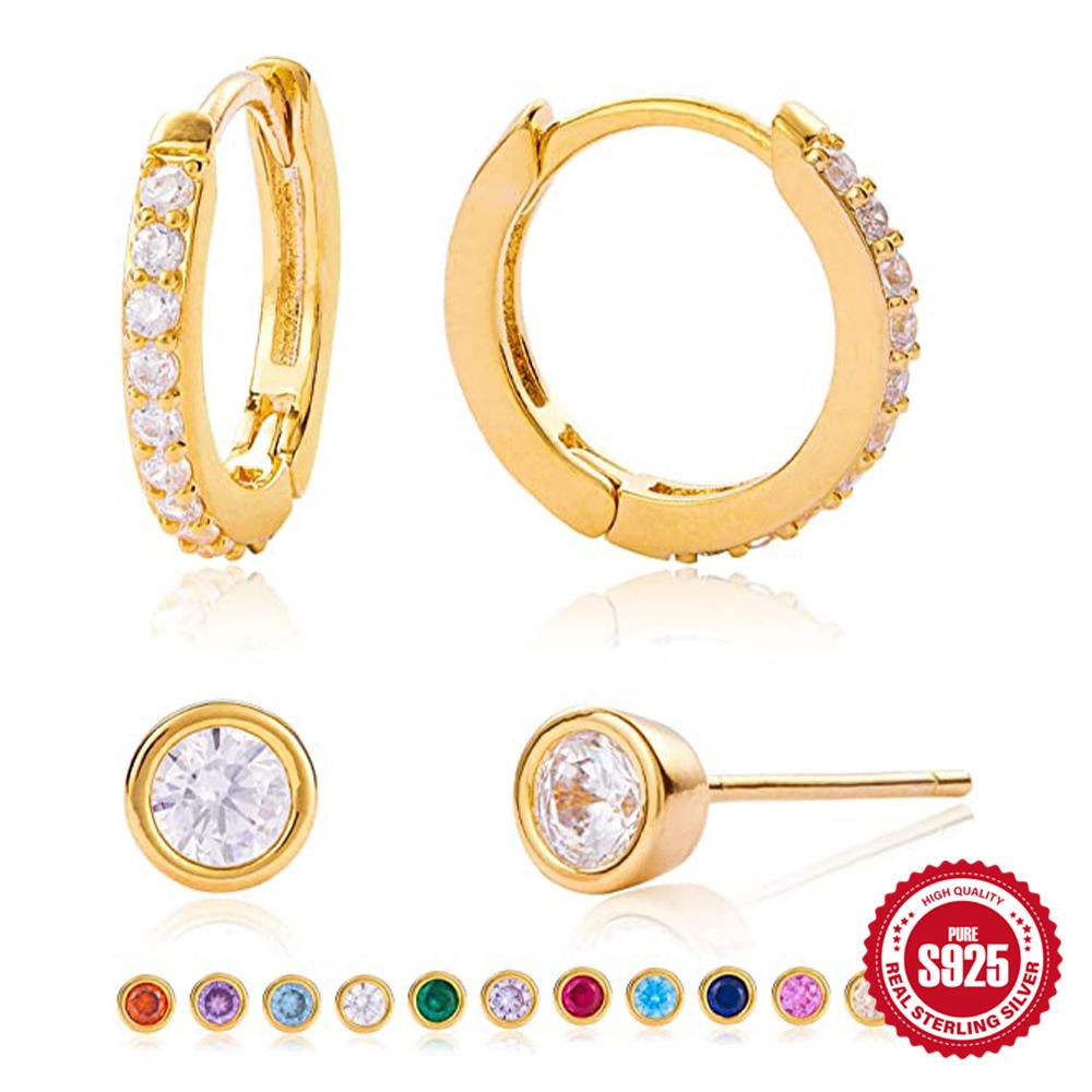 2 Pairs Of A Set Of S925 Sterling Silver Temperament Classic Earrings, Ear Buckles, Single Diamond-Encrusted Birthday Stone Studs Earrings