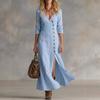 Women V Neck Button Down Maxi Dress Long Sleeve Placket Front Slit Casual Dress