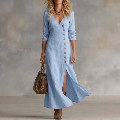 Women V Neck Button Down Maxi Dress Long Sleeve Placket Front Slit Casual Dress