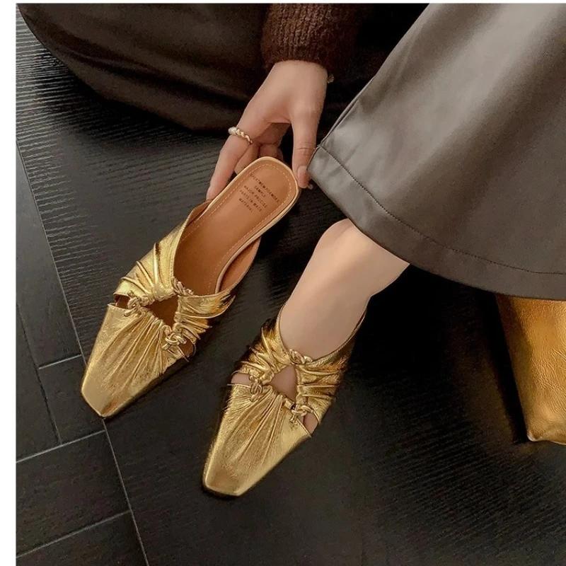 Fashion Women's Slippers Square Toe Metal Decoration Square Heel Women's Mules Leisure Daily Cover Toe Sexy Zapatillas De Mujer