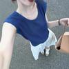 Damen High-End Eis-Seide Blau Strick U-Ausschnitt Kurzarm T-Shirt - Sommer 2025 Kollektion