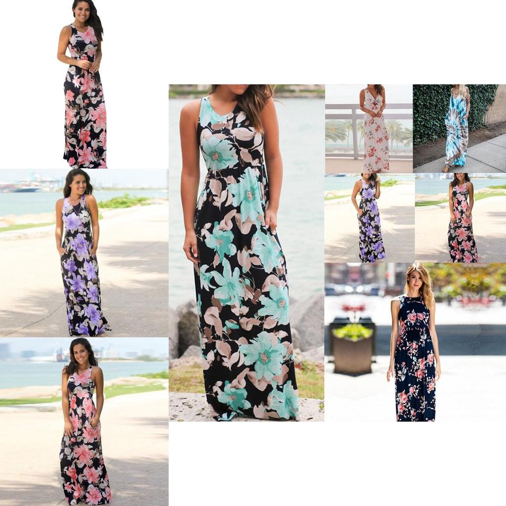 Elegantes Damen Sommer Boho Kleid Floral Ärmellos Strand Maxi Lang Sommerkleid Für Jeden Anlass