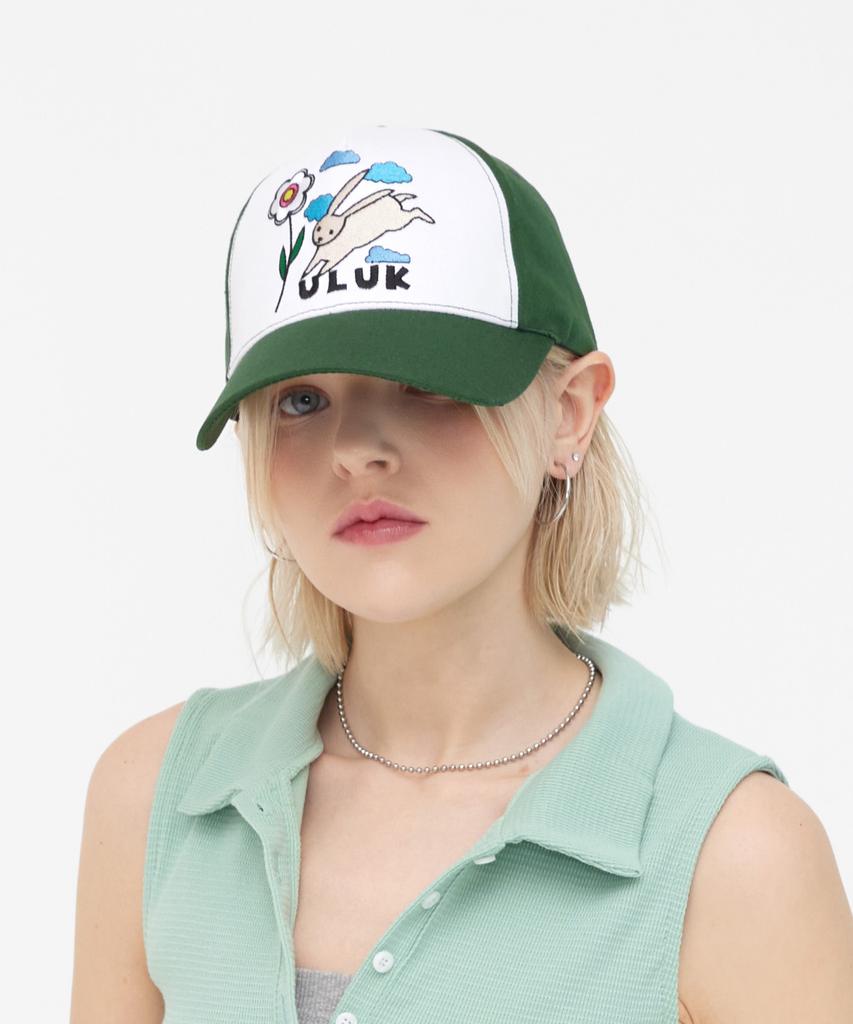 ULUK Flower Rabbit Embroidered Cotton Color Block Ball Cap_Green