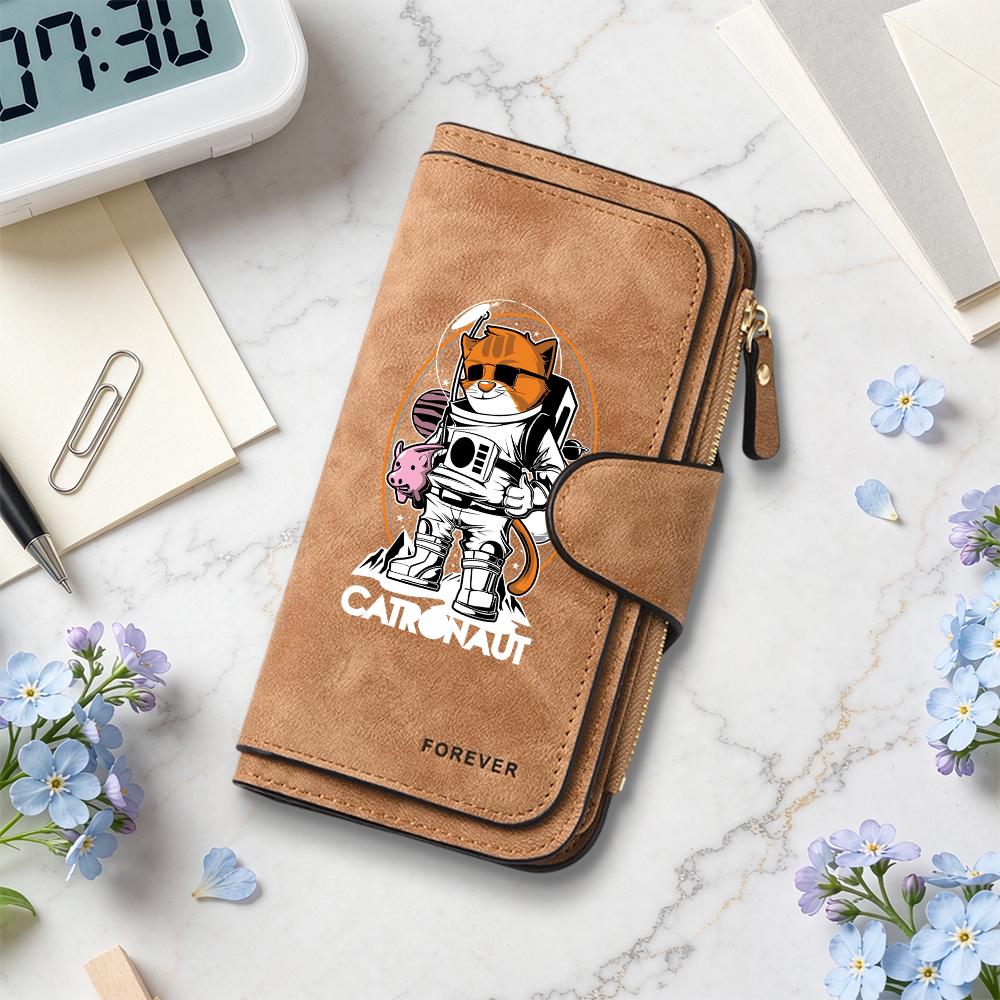 Cartoon Cat Astronaut Pattern Wallet Fashion Casual Multi Slot Card Holder Portable Durable Women Long Purse