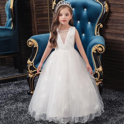 Girls Flower Embroidery Maxi Dress Kids Wedding Birthday Party Prom Gowns Long Princess Tulle Dresses