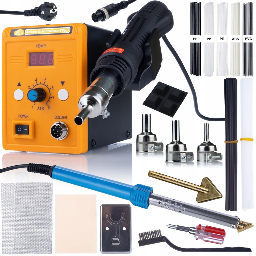 Rosfix Zestaw Stacja Lutownicza Hot-Air 858D + Lutownica Blue Lark 80W – Wysoka Moc 700W | Zestaw 3 Dysz | Akcesoria do Spawania Plastiku