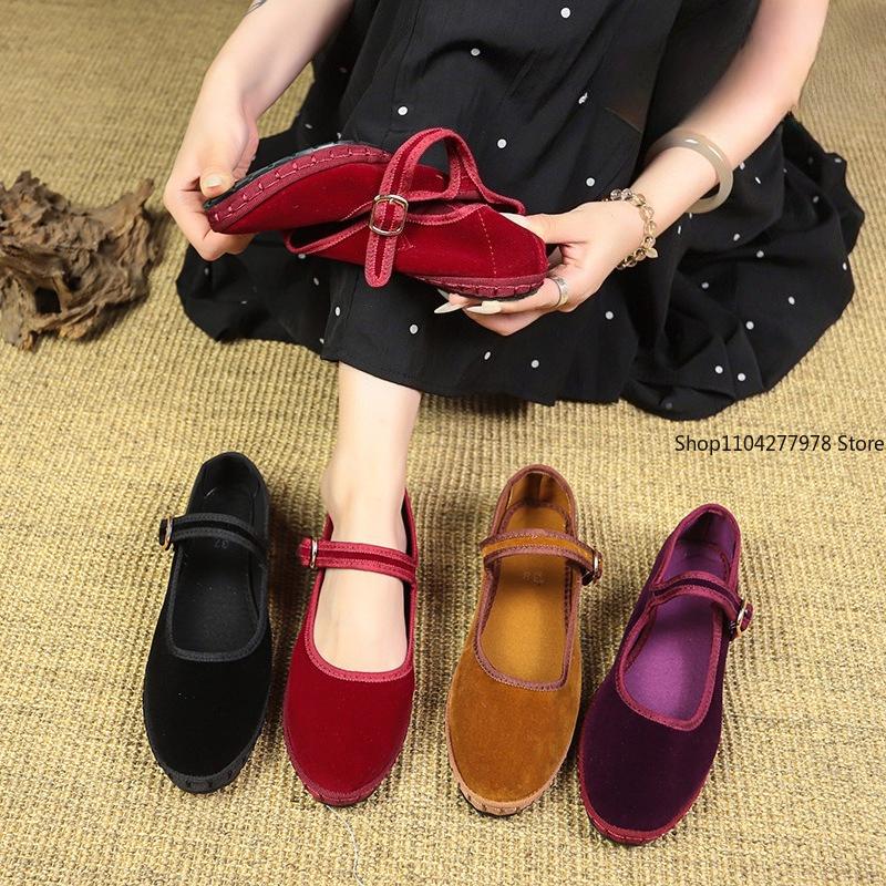Fashion Velvet Mary Jane Shoes for Women Hand Stitch Casual Streetwear Ballet Flats Pumps Female Solid Color Red Cloth Shoes Loafers