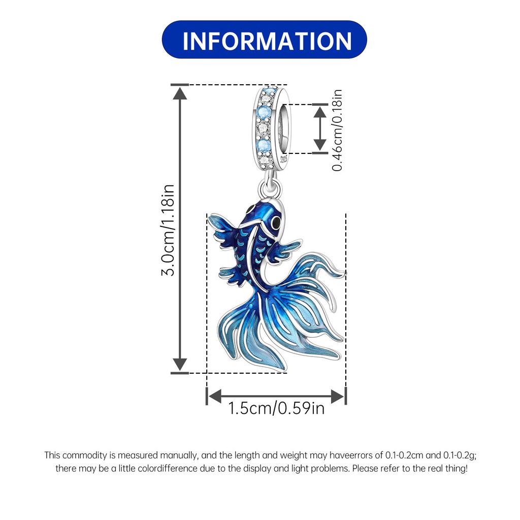 925 Silver Betta Fish Pendant Necklace with Ocean Pearls DIY Jewelry Gift for Women Birthday Party Blue Charm