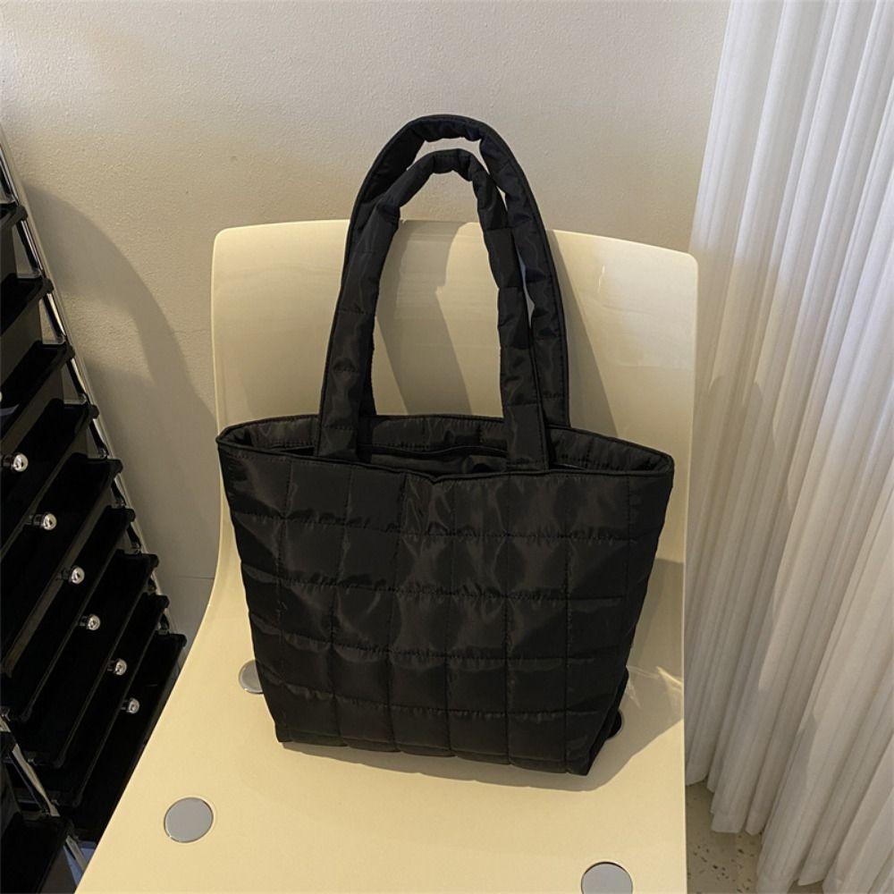 Solid Color Fashion Tote Bag Korean Style Quilted Handbag Cotton-padded Tote Bag  Daily Commute