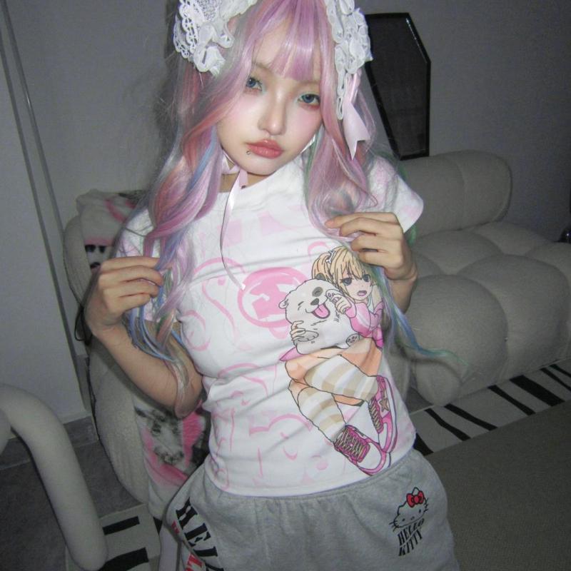 Kawaii Y2k Harajuku T-shirt Japanese Style Sexy Pink Crop Tops Slim Up Coquette Streetwear Casual Cutecore Summer Tees