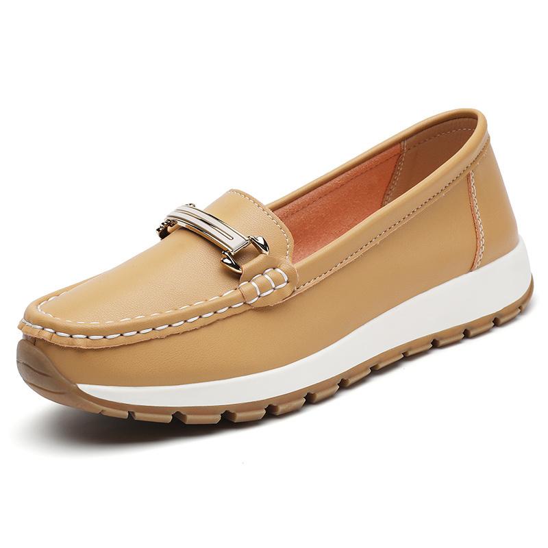 Pacecraft Shoes Women's Cowhide Loafers with Metal Buckle, Comfortable Casual Flat Shoes