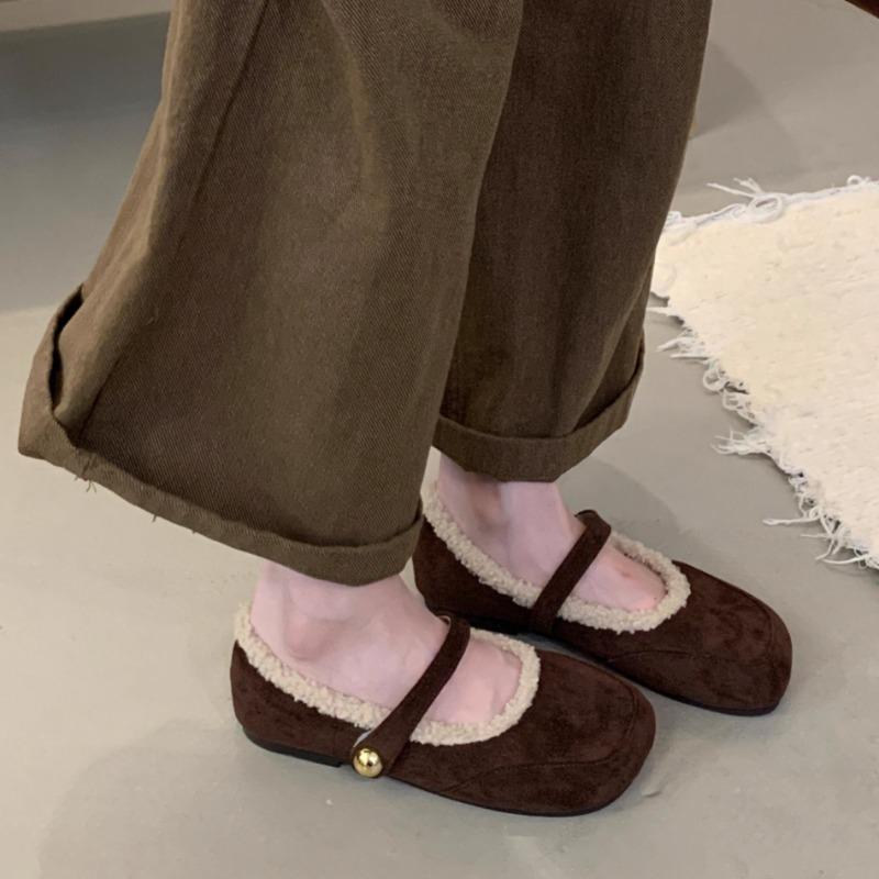 Women's Flat Shoes Winter New Square Head Shallow Mouth Suede Soft Sole Anti-slip Wear-resistant Low-top Shoes