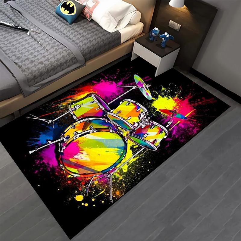 Colorful Drum Set Splash Art Carpet with Vibrant Black Background Style Suitable for Use As an Anti-slip for Living Room Bedroom Sofas