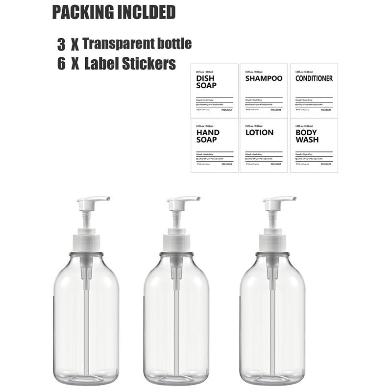 Dozator de șampon și balsam transparent de 500 ml pentru sticle de săpun de duș cu montare pe perete cu etichete Reumplere dozatoare de spălat corporal pentru baie, bucătărie
