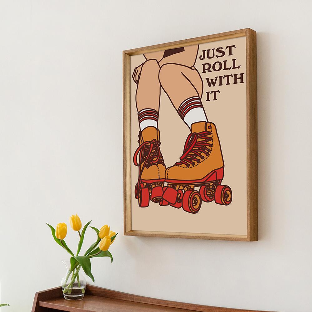 Retro 80s Wall Print Groovy 70s Bar Club Wall Decor Roller Skates Illustration Trendy Poster Red Positive Quote Canvas Painting
