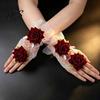 Elasticated Lace Hand Flowers Gothic Fingerless Glove, Elastic Short Sleeve, Wine Red Rose Bracelets Flower Wrist Cuff for Women Girls, Wedding,
