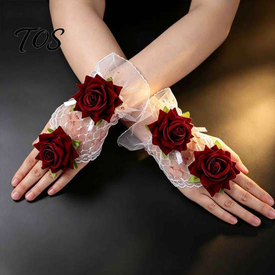 Elasticated Lace Hand Flowers Gothic Fingerless Glove, Elastic Short Sleeve, Wine Red Rose Bracelets Flower Wrist Cuff for Women Girls, Wedding,