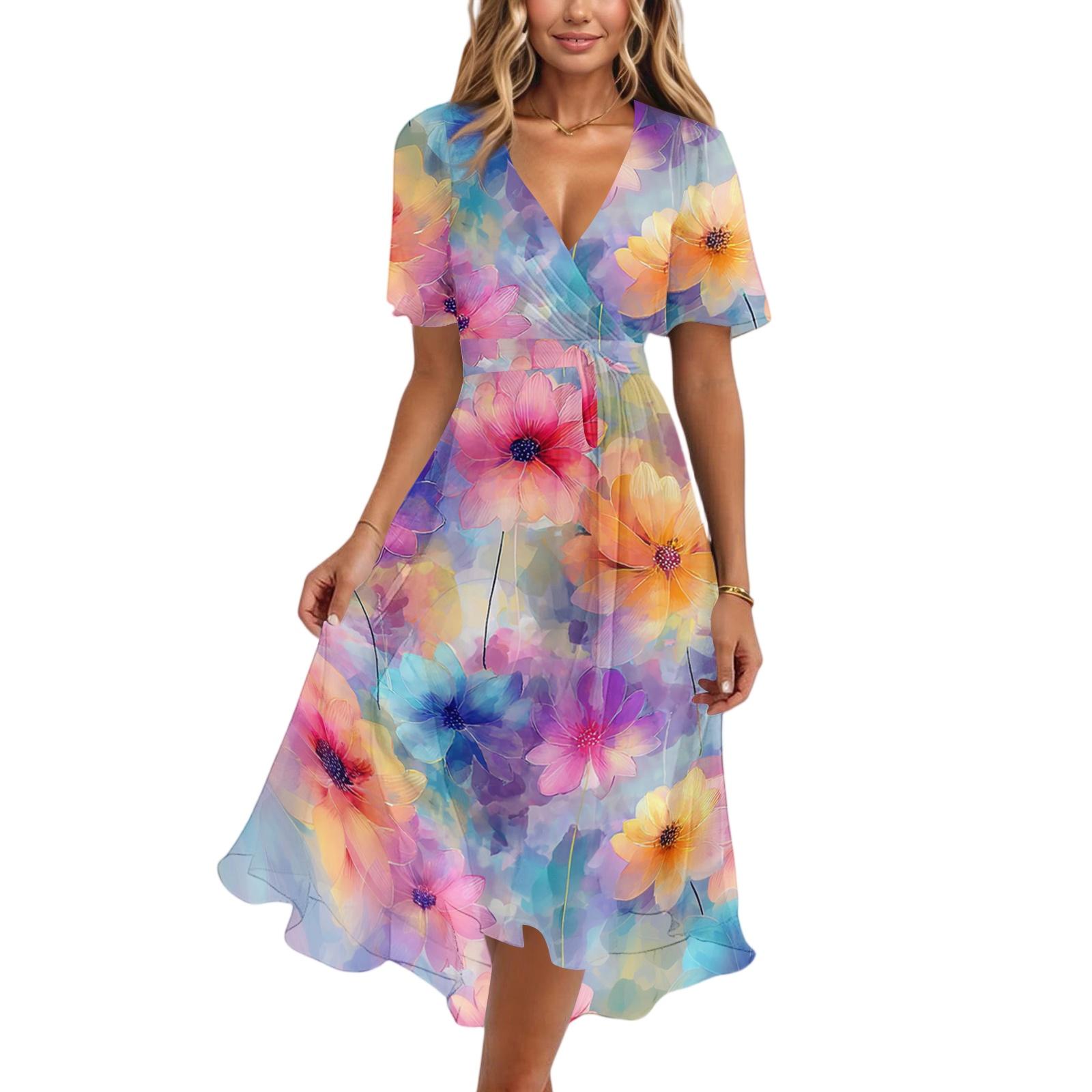

Women s Casual V Neck Short Sleeve Midi Dress Floral Print Wrap Style Lightweight Summer Dress XXL