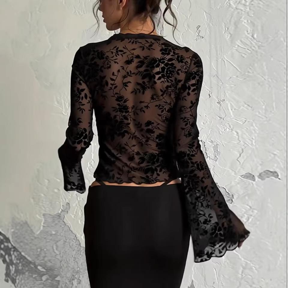 New Women's Fashionable Chiffon Blouse with Street Style, Sexy, See-through, Fitted and Frilled Hem Wide-sleeved Top